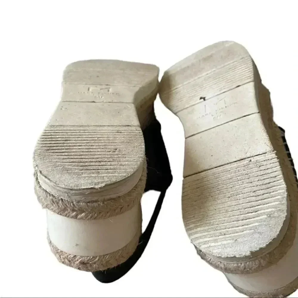 Marc Fisher Gandy Black Platform Wedge Espadrille Leather Sandals SZ 9M
